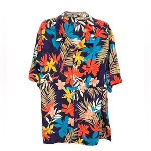 George Navy Blue Rayon Floral Tropical Hawaiian Beach Vacation Shirt Size XL